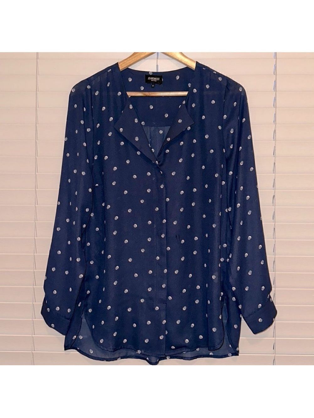 Jeanswest 10 Navy Blush Pink Polka Spotted Button Front Long Sleeve Blouse - Picture 1 of 13